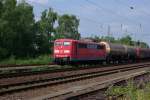 DB 151 160-9 zieht ihren Güterzug am 14.08.2015 durch Bochum Riemke. Der Fuchs, der zuvor an den Gleisen entlang getapert war, hatte inzwischen die Flucht ergriffen.