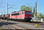 Gemischter Gz mit 155 087-0 Railpool, vermietet an die DB, fährt am BÜ Halle (Saale), Karl-von-Thielen-Straße (Gebiet der DR), auf der Ostumfahrung für den Güterverkehr in