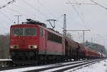 26. Februar 2013, Ein Güterzug in Richtung Saalfeld fährt durch den Bahnhof Hochstadt-Marktzeuln.