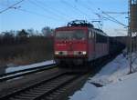 Am Morgen,vom 05.Mrz 2010, fuhr 155 034 mit ihren Rhrenzug,aus Mhlheim, durch den Bahnhof von Lietzow nach Mukran.