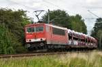 DB Schenker Rail 155 105 mit Autotransportzug in Richtung Rheine (Velpe, 25.07.11).