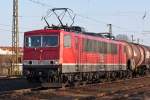 Nummer 702 der Mitteldeutschen Eisenbahn GmbH (ex DB 155 179-5) zieht am 09.03.2012 einen Gterzug aus dem Bahnhof Coswig in Richtung Priestewitz.