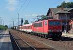 155 101 schleppte am 01.09.12 einen Gterzug durch Grfenhainichen Richtung Wittenberg. Hinter der Zuglok waren zwei Wagen von DB Nachtzug eingereiht.