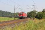 143 204 (MEG 602) und 155 195 (MEG 704) mit Zementzug in Fahrtrichtung Süden. Aufgenommen bei Hermannspiegel am 09.07.2013.