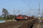 155 031-8 zieht einen gemischten Güterzug in Richtung Hamburg. Fotografiert am 02.04.2016 in Brahlstorf. 