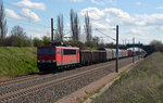 155 107 zog am 07.04.16 ihren gemischten Güterzug durch Arensdorf Richtung Magdeburg.