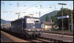 181205 fährt mit dem D nach Heidelberg am 27.5.1990 um 8.52 Uhr in Neustadt an der Weinstraße ein.