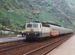 Cochem 15.7.1993, EC mit 181 221-3 auf der Fahrt in Richtung Kaiserslautern.