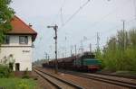 254 052 am 01.05.2010 mit Gterzug bei der Ausfahrt aus Zerbst