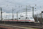 ICE 401 004-4 verlässt den badischen Bahnhof. Die Aufnahme stammt vom14.02.2020.