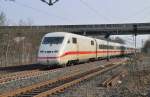 ICE Riesa 402 009-5 auf dem Weg nach Berlin Ostbahnhof, gerade hatte der Zug Mnchengladbach verlassen und fhrt nun durch Korschenbroich auf dem Weg in die Hauptstadt. 17.2.2013