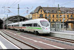 411 052-4 (Tz 1152  Travemünde ) als ICE 1634 (Linie 15) von Berlin Gesundbrunnen nach Frankfurt(Main)Hbf verlässt Halle(Saale)Hbf auf Gleis 6.