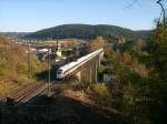 Ein ICE T (BR 411) berquert am 22.10.2011 die Trogenbachbrcke in Ludwigsstadt auf der Frankenwaldbahn.