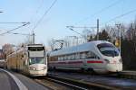 411 013-6 als ICE 1745 von Düsseldorf HBF nach Dresden HBF bei der Überholung der RT5 (Tw 752) nach Melsungen in Baunatal-Guntershausen. 21.02.2014