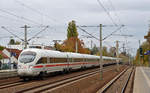 Eine Doppeleinheit der ICE-Baureihe 411 rollte am 20.10.18 durch Falkensee Richtung Berlin.
