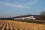 Nachschuss auf 415 024-9  Hansestadt Rostock , als dieser am Nachmittag des 27.03.2020 als ICE 2908 (Basel Bad Bf - Frankfurt (Main) Hbf), als Ersatzzug für den ICE 274, bei Sexau durch die lange