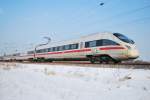 Ein seltener Gast auf der KBS 380 ist dieser ICE-T 415   Homburg/Saar  fuhr am 15.02.2010 durch die verschneite Landschaft bei Drakenburg.