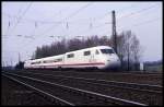 Ein  Nachschuss  auf den Intercity Experimental 410001 bei Testfahrten am 9.4.1992 bei Neubeckum.