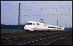 Intercity Experimental 410001 bei Testfahrten am 9.4.1992 bei Neubeckum mit Fahrtrichtung Hamm.