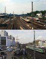 Auf dem Gelände des früheren Güterbahnhofes Düsseldorf-Derendorf ist in den vergangenen Jahren ein neues Stadtquartier entstanden. Davon ist noch nichts zu spüren, als 114 490-6 (ex 112 490-8) Ende der 1980er Jahre mit einem Schnellzug Richtung Hauptbahnhof fährt. Darunter derselbe Blick von der Wehrhahnbrücke mit 422 033-1 und einem weiteren 422 am 04.03.2020.