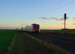 Abendstimmung bei Allerheiligen, der 423 755-8 kommt gerade aus Nievenheim als S11 gen Düsseldorf Flughafen gefahren. 20.12.2013
