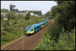 Eurobahn ET 9.05 legt sich hier in der Bauernschaft Hörne am Stadtrand von Osnabrück in die Kurve. Der Zug ist als rb 66 um 14.29 Uhr hier auf der Rollbahn in Richtung Münster unterwegs.
