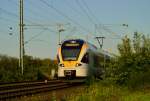 Noch eine Ende, das einer RE13 die aus Venlo kommend nach Hamm fahrend hier in Kleinenbroich hinterm Busch verschwindet, es handelt sich um den Eurobahntriebwagen ET 7.03. Mittwoch 4.9.2013