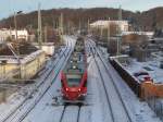 Einfahrender 429 aus Binz,am 29.Dezember 2014,in den Bahnhof Bergen/Rügen.Aufgenommen von der Fussgängerbrücke aus.