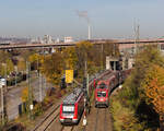 1116 131 mit Automotiveganzzug begegnet einem 430-Vollzug als S1 Plochingen-Böblingen am 09.11.2021 am Eszetsteg in Stuttgart.