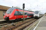 DB 442 711 als RB 18432 nach Cottbus Hbf und DB 1442 805 als RB 16476 nach Lutherstadt Wittenberg Hbf (weiter als S 37247 (S2) nach Leipzig-Sttteritz), am 10.10.2023 in Falkenberg (Elster).