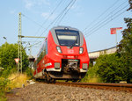   Zwei gekuppelte 4-teilige Bombardier Talent 2 der DB Regio NRW fahren am 03.07.2015, als RE 9 - Rhein Sieg Express (RSX) Aachen - Köln - Siegen, von Betzdorf/Sieg weiter in Richtung Siegen.