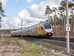 ODEG 445 102 in Richtung BER am 26, Februar 2023 in der Siedlung Hubertus, ein bewohnter Gemeindeteil des Ortsteils Waltersdorf der Gemeinde Schönefeld.