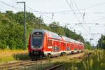 RE 5 (BR 445) fährt in Demmin an den Bahnsteig, dort endet der Zug aus Wünsdorf wegen Bauarbeiten auf dem Bahnhof Demmin.