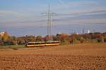 AVG (Albtal-Verkehrs-Gesellschaft) Bombardier ET2010 Wagen 931+941 am 03.11.18 in der Nähe von Sulzbach auf der Strecke Frankfurt Höchst-Bad Soden mit der Skyline im Hintergrund.