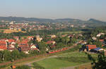 Doppeltraktion GT 8 als S4 in Richtung Heilbronn am 01.08.2012 bei Obersulm-Sülzbach. 