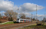 1442 160 war am 05.02.20 auf der S-Bahnlinie zwischen Halle(S) und Eilenburg im Einsatz. Hier verlässt der Hamster Peißen Richtung Halle(S).