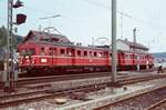 Museumszug 465 006-5 der DB-Baureihe 465 (ET 65) auf einer Veranstaltung rund um die Geislinger Steige, der Zug wartet vor dem DB-Bahnhof Amstetten und fährt gleich nach Geislingen hinab (26.06.1983)