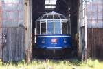 Der Glserne Zug, im Eisenbahnpark in Augsburg, im Juli 2005. Es wirkt wie ein Gru, aus vergangener Zeit