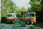 12.10.1986, Dresden: An der Endhaltestelle der Straßenbahn in Kleinzschachwitz stehen zwei abfahrbereite Bahnen der Linien 9 und 14.  Der klassische rote TATRA-Dreierzug besteht aus zwei Tw und einem Bw. Alle sind Einrichtungsfahrzeuge. Vorn mittig steht die Sandkiste zum bedarfsweisen auffüllen der Bremsanlage. Die Tw-Nummern 222 224 und 222 246 sind vom Fähnchenschmuck zum  Tag der Republik  (am 7. Oktober 1949 wurde die DDR gegründet)   teilweise verdeckt.