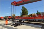 Bauzug-Entgleisung Radolfzell. Fertig aufgegleist, jetzt wird aufgeräumt. Juli 2016.

Standort des Fotografen auf dem Gehweg.