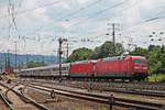 Nachschuss auf 101 016-4, als diese am Nachmittag des 22.06.2019 ihren InterCity und die Wagenlok 101 058-6 am Rangierbahnhof und DB Museum in Koblenz Lützel vorbei in Richtung Hauptbahnhof schob.
