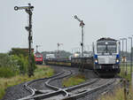Die Diesellokomotive 247 908  Debbie  zieht einen der vielen täglichen SyltShuttle-Züge, so gesehen im Juni 2024 bei Niebüll.