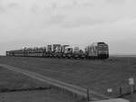 Anfang Juni 2024 habe ich bei Friedrich-Wilhelm-Lübke-Koog die Diesellokomotive 245 024-5 mit einem der vielen Syltshuttle-Züge bei der Ankunft auf dem Festland ablichten können.