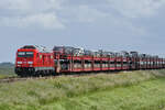 Anfang Juni 2024 habe ich bei Friedrich-Wilhelm-Lübke-Koog die Diesellokomotive 245 024 mit einem der vielen Syltshuttle-Züge bei der Ankunft auf dem Festland ablichten können.