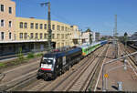 Nach zweiminütigem Aufenthalt verlässt 182 518-1 (Siemens ES64U2-018) mit dem Alpen-Sylt-Nachtexpress den Bahnhof Ludwigsburg auf Gleis 4.