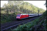 DB 101015-6 ist hier am 14.9.2019 um 8.47 Uhr mit dem Eurocity nach Basel am Ortsrand von Hasbergen auf der Rollbahn unterwegs.