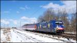 Bei Bilderbuchwetter ist 101 101-4 mit EC 379 von Stralsund nach Brno am 06.03.2010 zwischen Teschenhagen und Wstenfelde unterwegs.