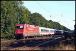 Werbelok Fair feels good 101001 ist hier am 11.9.2005 in Natrup Hagen mit einem IC in Richtung Münster unterwegs.