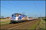 110 321-7 mit IC 2576 Stralsund-Wilmersdorf (Angermnde) am 22.04.2008 in Hhe der Ortschaft Teschenhagen.