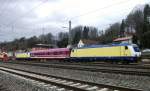 Der Messzug bestehend aus 146 542 + Euro-Express-Wagen + 146 541 stehen am 11.Mrz 2012 abgestellt im Bahnhof Kronach.